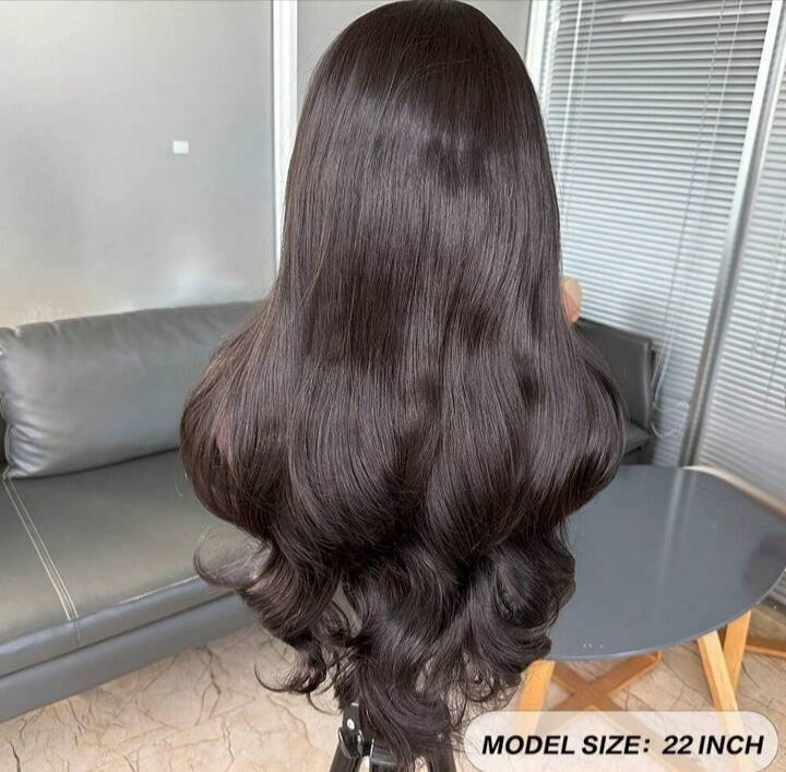 22" Natural Black Curtain Bangs Lace Front Wig