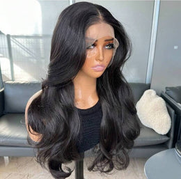 Natural Black Curtain Bangs Lace Front Wig