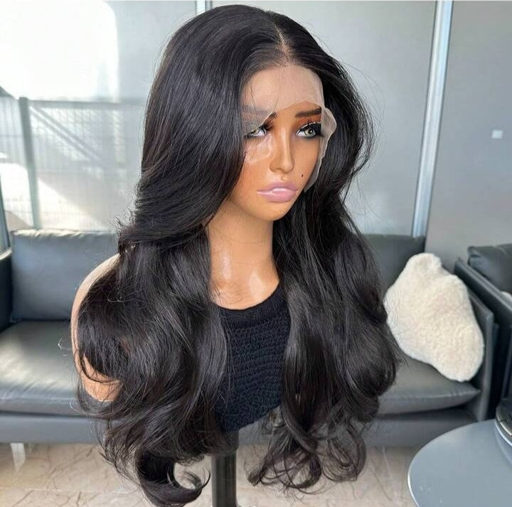 22" Natural Black Curtain Bangs Lace Front Wig