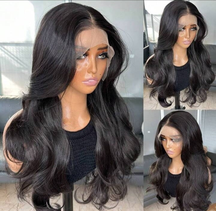 22" Natural Black Curtain Bangs Lace Front Wig